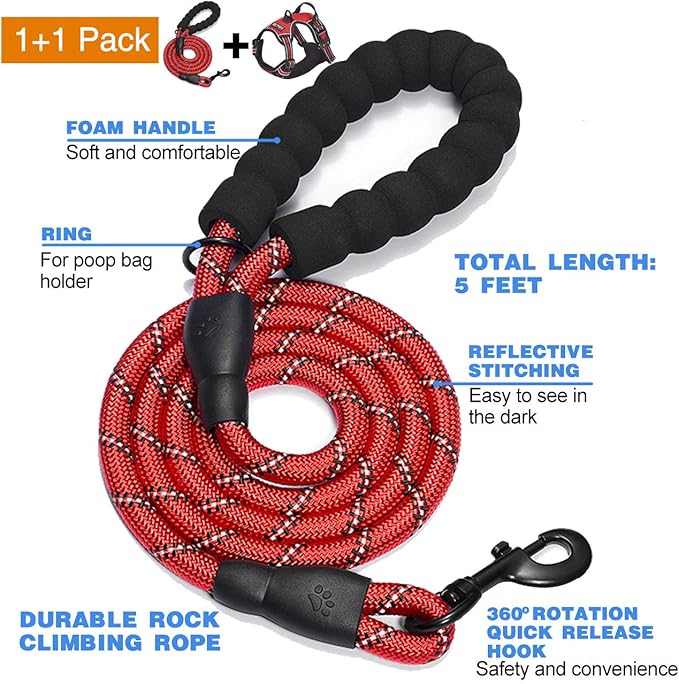 No Pull Dog Harness Adjustable Reflective Oxford Easy Control Medium Large Dog Harness with A Free Heavy Duty 5ft Dog Leash (L (Neck: 18"-25.5", Chest: 24.5"-33"), Red Harness+Leash)