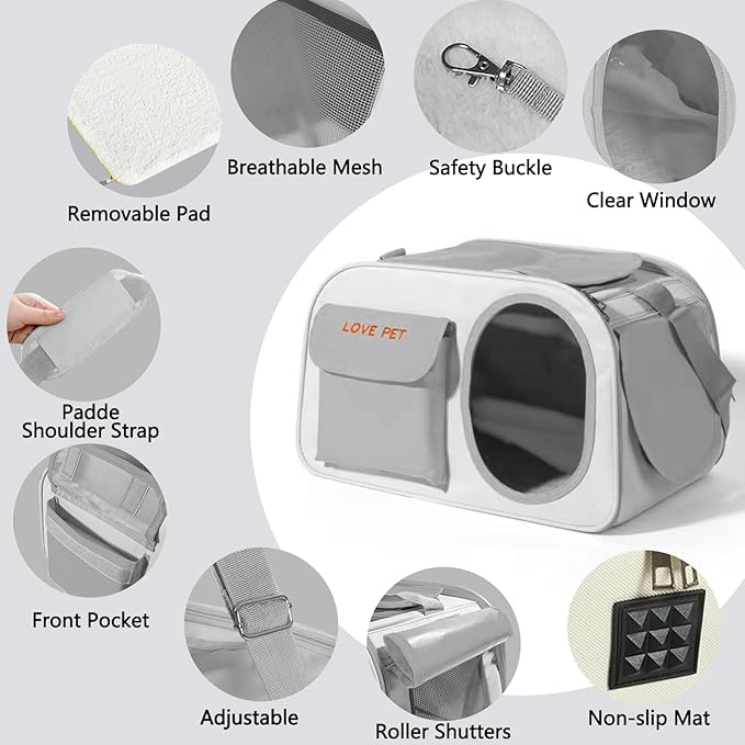Pet Carrier for Small Cats Dogs, Dog Carrier Travel Bag with Adequate Ventilation, Locking Safety Zippers, Padded Shoulder and Carrying Strap(Grey)