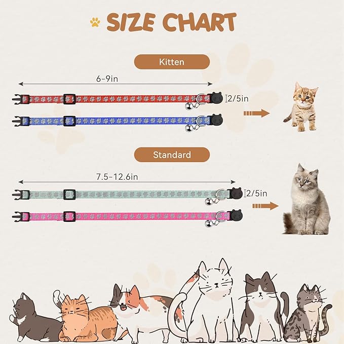 16 PCS Breakaway Cat Collars with Bells Reflective Cat Collar Safety Nylon Kitten Collars Cat Collars for Girl Boy Cats(6"-9")