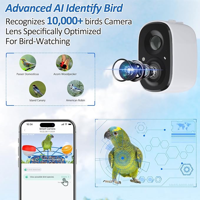 Bird Feeder with Camera, 2K Birds Camera with 3-in-1 Feeding, Drinking, and Bathing | AI Identify, Real-Time Monitoring and Alerts | IP65 and Squirrel-Proof for Outdoors, Gift for Bird Lovers