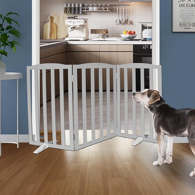 ZJSF Foldable Freestanding Indoor Dog Gate for House Wood Long Pet Gates Dog Fence for Stairs Puppy Gates for Hallways, Puppy Gate,Support Feet Included, Grey, 32 "Height-3 Panels