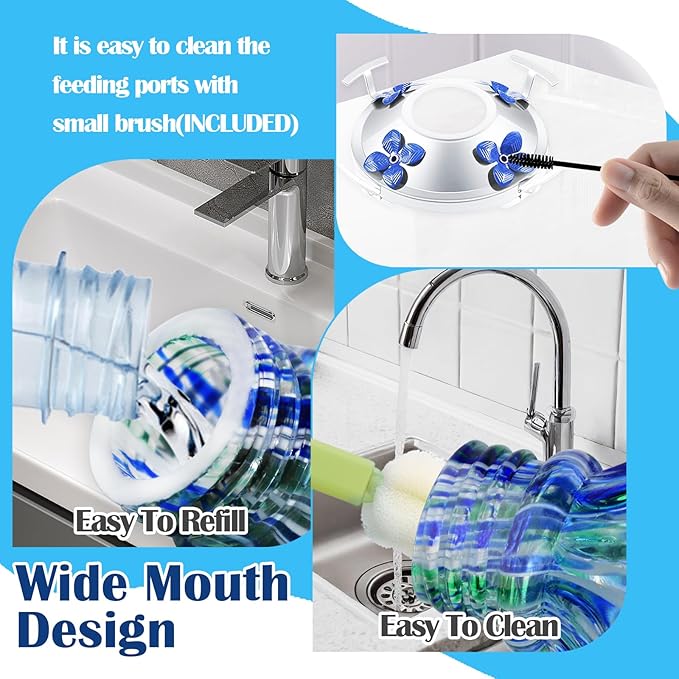 Glass Hummingbird Feeder with Ant Moat 25.4 OZ Large Capacity Hand Blown Glass Blue Hanging Wild Bird Feeder for Backyard Garden Outdoors Decorations with Hook Brush Birds Lovers Gift