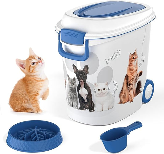 Pet Food Storage Container with Scoop & Slow Feeder Bowl – 40LB Large Capacity Dog Cat Food Dispenser, Durable Resin Dry Kibble Keep Food Fresh Organizer for Dogs Cats Birds, Blue