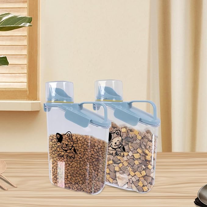 Airtight Dog & Cat Food Container - Measuring Cup/Pour Spout - Portable, Transparent - Blue