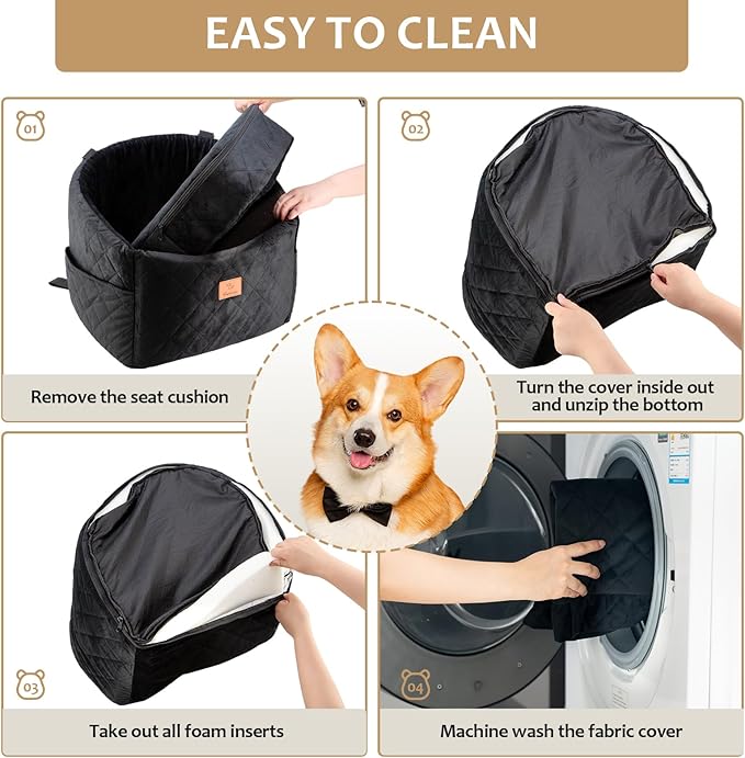 Dog Car Seat for Small/Medium, Memory Foam Dog Booster Car Seats with Thick Cushion for Dogs Under 30lbs, Detachable Washable Pet Travel Bed with Storage Pockets & 2 Safety Belt