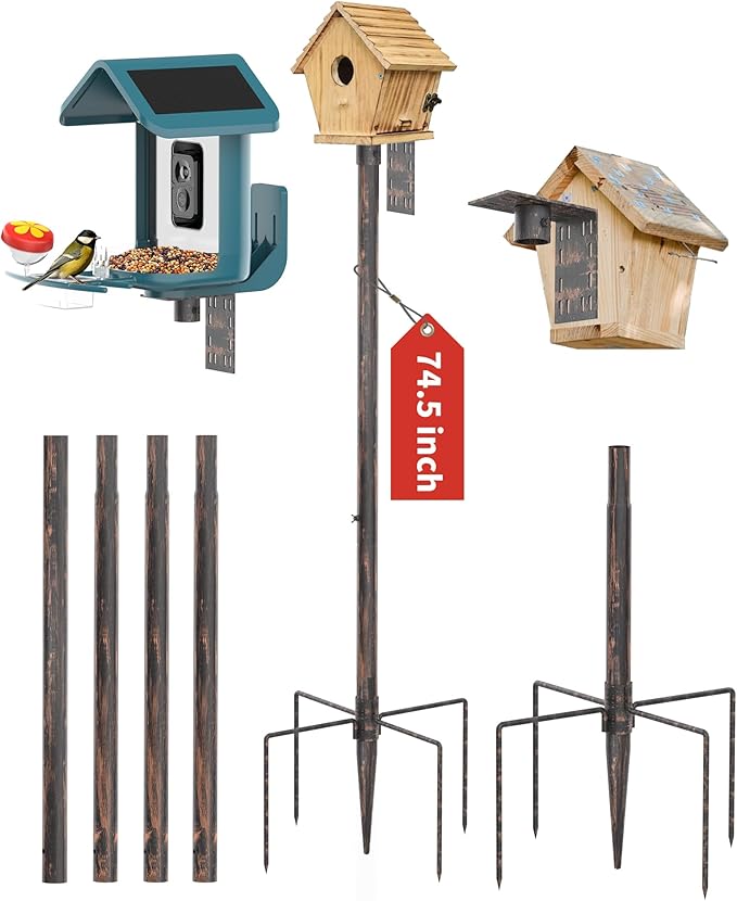 Bird Feeder Pole Stand – 74.5 Inch Height Feeding Station with 1-Inch Dia Heavy Duty for Hanging Feeders, Bird House Pole Mount Kit for Outdoor, Slip-Fit Connection, Copper Brushed