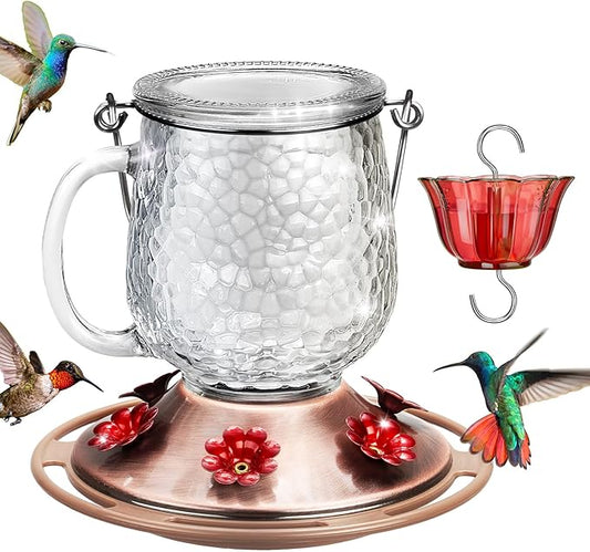 Kingsyard Glass Hummingbird Feeders for Outdoors, 16 Oz Wild Bird Feeder 6 Feeding Ports & Ant Moat Included, Hanging Bird Nectar Feeder for Garden Tree Yard Outside Decoration, Clear