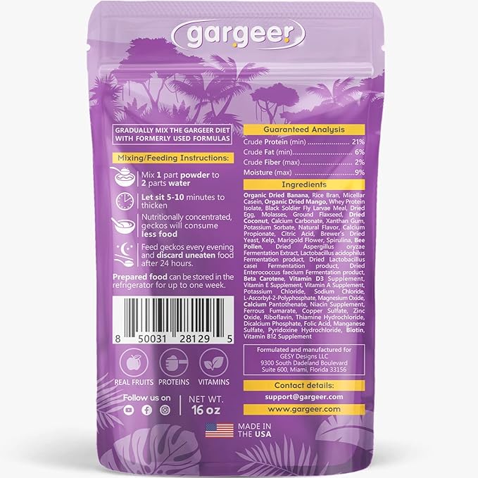 16oz Complete Crested Gecko Food Diet. Premium Mix, Ready to Use Freshly Made Powder. Unique Formula, Developed & Made in The USA. Enjoy! (Tropical + Insects Protein)