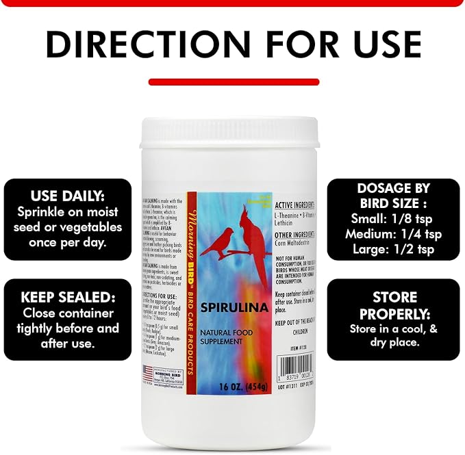 Morning Bird Spirulina, Supplement for Caged Birds, Organic Bird Food Supplement with Vitamins, Proteins, and Amino Acids for Parakeets, Cockatiels, Budgies, Finches, Canaries, and Parrots, 16 oz
