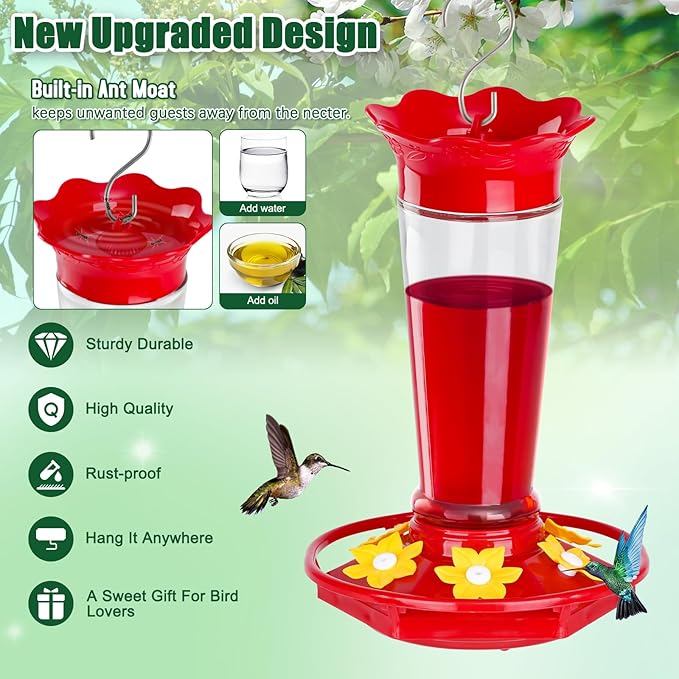 Glass Hummingbird Feeders for Outdoors Hanging Ant and Bee Proof Clear 10 OZ 2 Pack Bird Feeders for Outside Hanging 6 Feeding Stations Bird Nectar Feeder for Garden Yard Décor Gifts for Mom