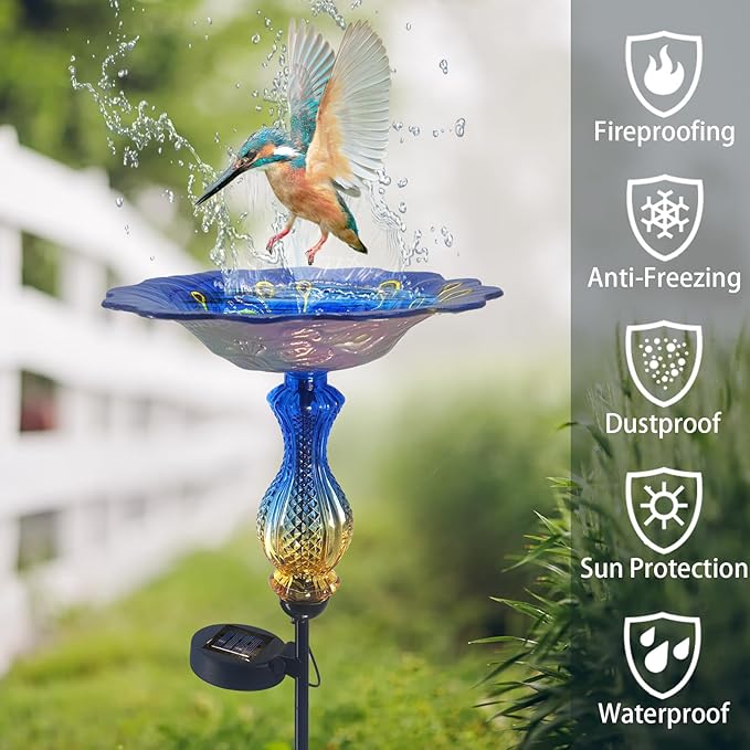 John's Studio Peacock Bird Bath for Outdoor - Glass Bowl Solar Light Bird Baths Cage Outside Dish Bird Feeder with Metal Stake for Garden, Yard and Patio - Blue 32 inches