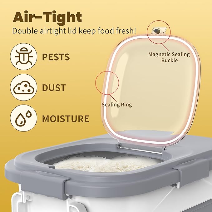 HOYTAMDA 25-35Lbs Rice Container,Collapsible Airtight Food Storage Containers with Wheels,Handle,Rice Storage Container with Small Bin and Scoop,Rice Dispenser for Flour Sugar Cereal Grain Dog Cat