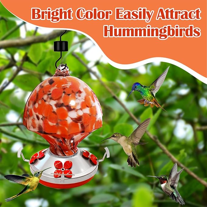 Hand Blown Glass Hummingbird Feeder with Ant Moat 25.4 OZ Large Capacity Hanging Bird Feeder for Backyard Garden Outdoors Decorations Hook Brush Rope Included (Red)