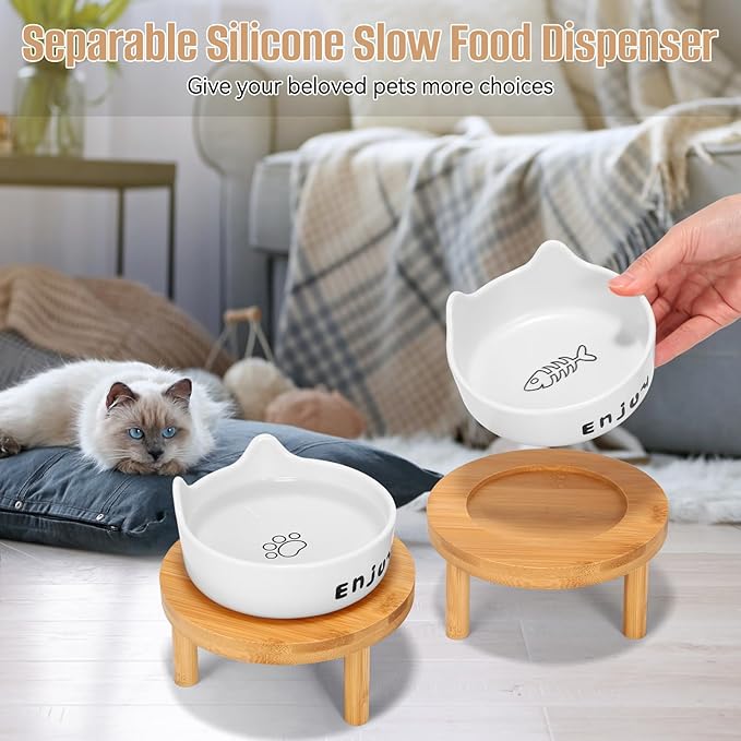 3PCS Elevated Cat Bowls,Wide Raised Ceramic Pet Dishes with Bamboo Stand, Whisker Friendly Pet Water or Food Plates Feeding Station for Indoor Small Dogs, Kitten (Black(2PCS))
