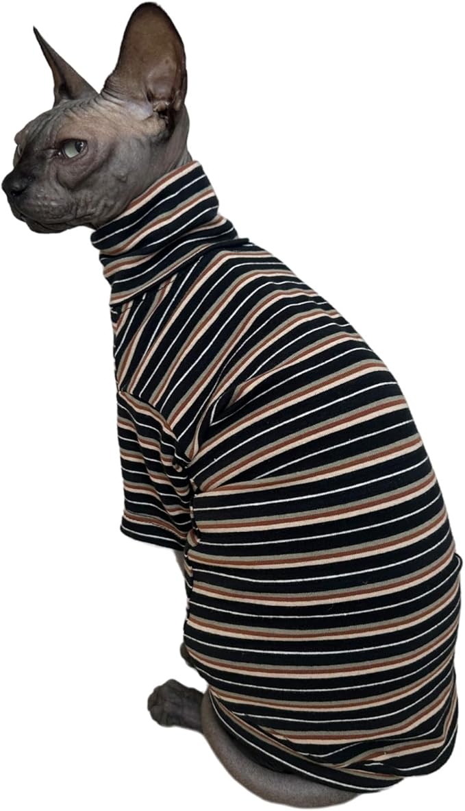 Vintage Stripes Sphynx Hairless Cats Shirt Cotton Cat Turtleneck Pet Clothes Kitten T-Shirts with Sleeves for Sphynx Cats (Vintage Black, X-Large)