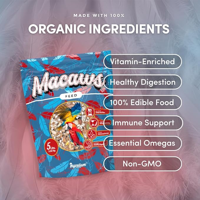 Mycelium Organic Macaw Bird Food (5 LB Bag) | Premium Seed, Pellet & Kibble Blend for Large Parrots | High-Protein, Digestive & Feather Support | Non-GMO, USA-Grown