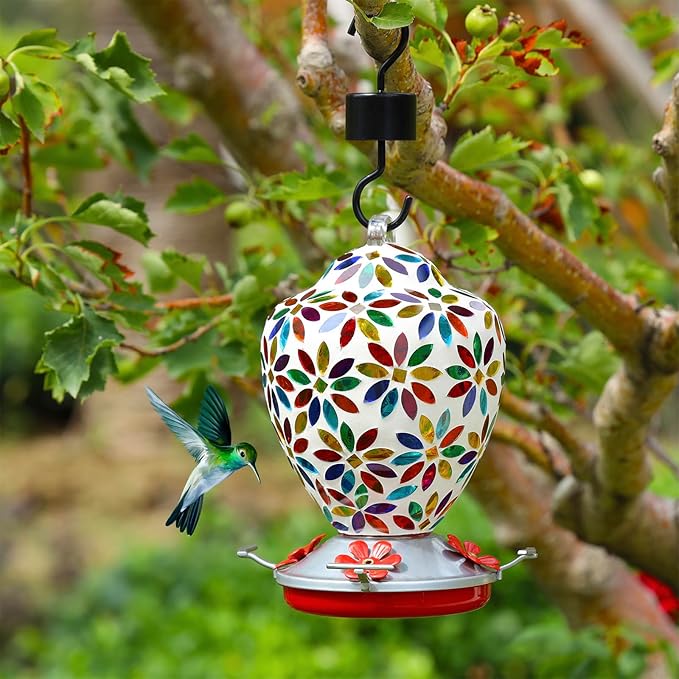 VOREEN Glass Mosaic Hummingbird Feeders, 35OZ with Ant Moat & 4 Feeding Ports, Hand Blown Glass Outdoor Hanging Porch Garden Backyard Decor, Gift for Mom Wife Friend, Flowers Design