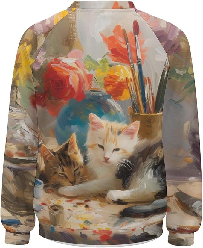 Long Sleeve Shirts for Women Cat Oil Painting Shirt 3D Graphic Sweatshirts Fall Pullover Crewneck Vintage Boho Tops
