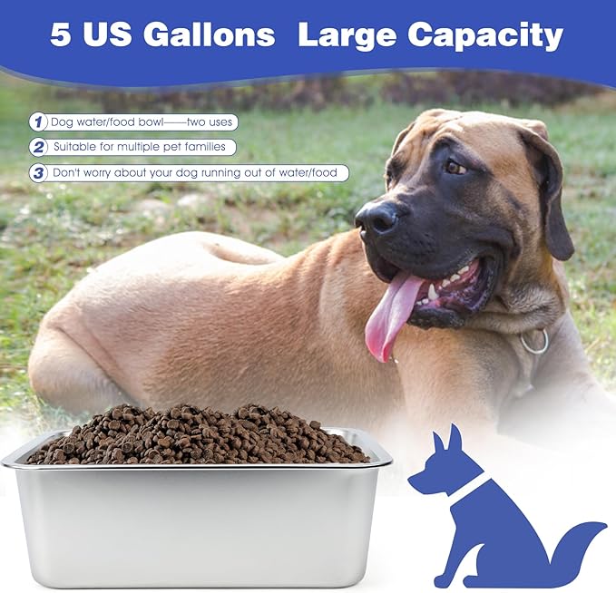 5 Gallons Large Dog Water Bowl, Stainless Steel Metal Dog Bowls, Large Capacity Pet Food Bowl Water Dish for Indoor and Outdoor Universal for Giant Dogs 17.7x13.8x6 Inch
