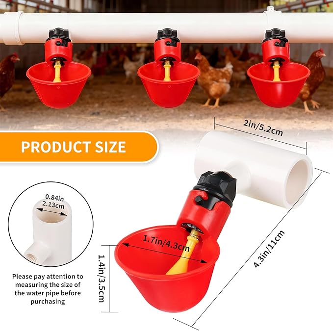 Chicken Waterer Cups, Pack of 6 Chicken Waterer PVC Tee Fittings, with 1/8 Inch FTP Threads, Automatic Chicken Water Cups for Chicken Ducks Quail