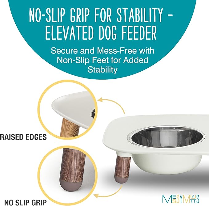Messy Mutts Elevated Double Feeder with Stainless Bowls | Adjustable Height 3”, 5”, or 10” | Adjustable Standing Feeder for Dogs | 5 Cups per Bowl | Light Grey with Faux Wood Legs