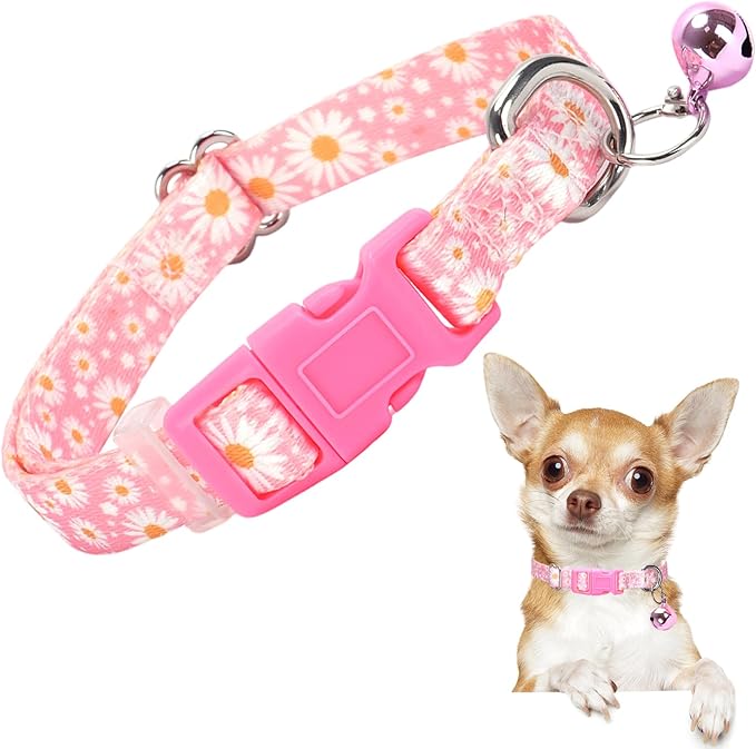 Pink Small Dog Collar with Bell -Nylon Collar for Chihuahua Pomeranian Yorkie, Adjustable XXS/XS for Walks & Daily Play (Daisy S)
