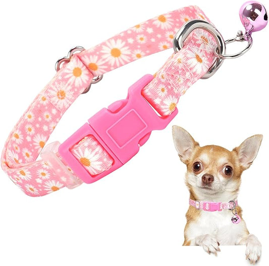 Pink Small Dog Collar with Bell -Nylon Collar for Chihuahua Pomeranian Yorkie, Adjustable XXS/XS for Walks & Daily Play (Daisy S)
