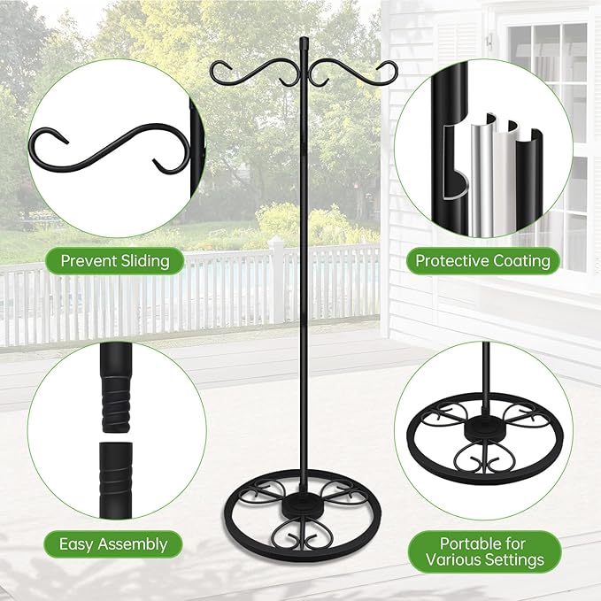 58'' Double Shepherds Hooks for Outdoor, Adjustable Freestanding Shepherds Hook with Base for Wind Chime, Bird Feeder, Lantern for Indoor & Outdoor Garden Patio Home Decor