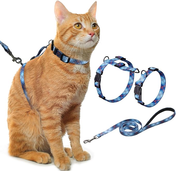 Hikiko Cat Harness and Leash Set Escape Proof Adjustable Walking Travel Soft Boy Kitten Harness for Small Medium Large Cats (Blue Plaid, M)