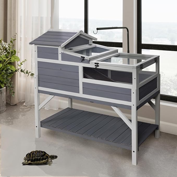 GEGURI Tortoise Habitat House Indoor Outdoor, 3-Room Wooden Turtle Enclosure Reptile Cage with Shelf Storage, Balcony & 2 Stories for Small Animals
