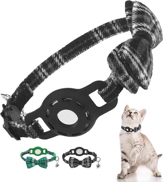 Airtag Cat Collar Breakaway with Bells and Bowtie -Upgraded Safety Kitten Collar for Air Tag Holder -Cute GPS Cat Tracker Collars for Girl Boy Cats, Kitty and Puppies, Black
