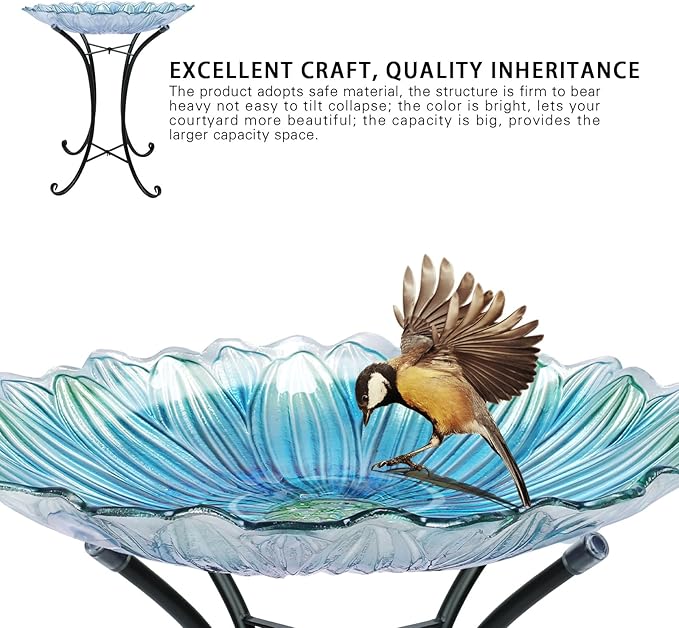 MUMTOP Outdoor Glass Birdbath with Metal Stand for Outside Yard Garden Decor, 18 inch Diameter Blue Bird Baths Bowl for Outdoors, 21 inch Height