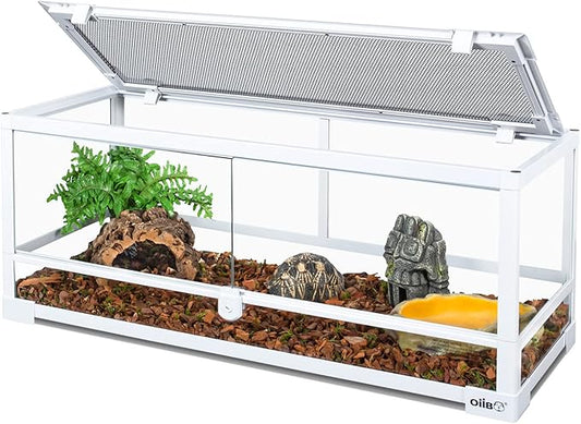OIIBO Full Glass Long Tank Reptile Terrarium 20 Gallon, Front Opening Terrarium 30" x 12"x 12" for Reptile Pets Gecko Lizard Snake, Double Front Opening Doors & Ventilation Top Screen (Knock-Down)