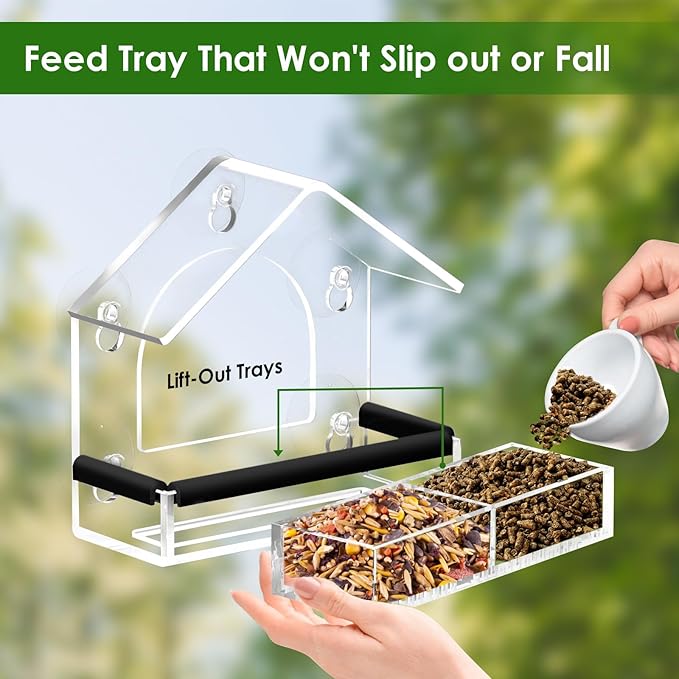 Clear Window Bird Feeder with 5 Extra Strong Suction Cups, DY-SKTY Sturdy and Durable Acrylic Birdfeeders for Viewing Wild Birds Outside, as a Bird Watching Gift, Outdoor Birdhouse Box, Garden Decor