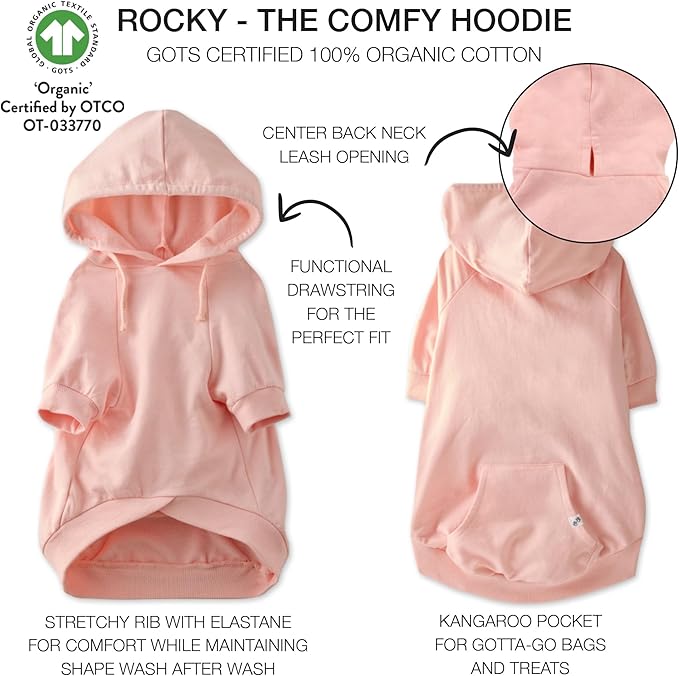 Rocky – The Orginal Lightweight Hooded TEE 100% Organic Cotton Dog Hoodie Pet Coat Sweater for Small, Medium, Large Dogs, Pink, Small