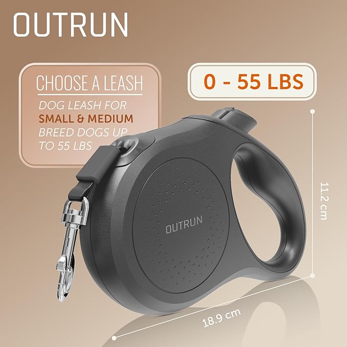 OUTRUN Retractable Dog Leash 16 FT Walking Leash up to 55 Lbs, Strong Nylon Tape No Tangle, Heavy Duty One-Handed Brake Lock Perfect for Small & Medium Sized Dogs and Pets