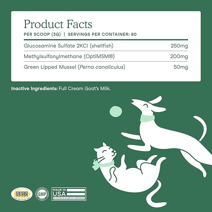 Fera Pets Goat Milk - Cat & Dog Hip and Joint Support with Glucosamine, MSM & Green Lipped Mussel - Supports Flexibility, Mobility & Bone Health - for Picky Eaters - 60 TSP
