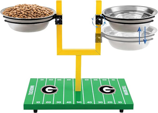 NCAA Georgia Bulldogs Goalpost Football Field Dog Feeder – Adjustable Elevated Dog Bowls with Stand, 2 Stainless Steel Bowls, Non-Slip Rubber Feet, Raised Pet Feeder for Large & Small Dogs