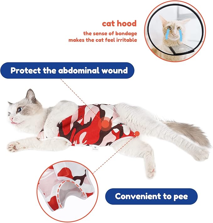 Cat Surgical Recovery Suit, Abdominal Wounds Cone E-Collar Alternative Anti-Licking Or Skin Diseases Pet Surgical Recovery Pajama Suit, Soft Fabric Onesies for Cats (L, Red)