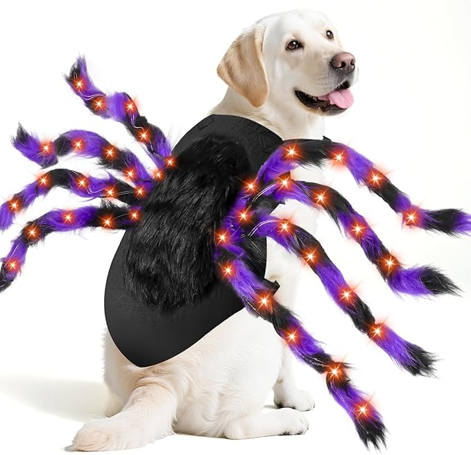 Light-Up Halloween Spider Dog Costume with Orange LED Lights, Purple & Black Furry Spider Costumes for Pets, Funny Halloween Costume Outfit for Cosplay Party (XL)