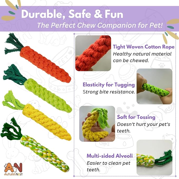 4PCS Mixed Color Woven Pet Chew Set (Yellow, Green, Orange, Rainbow), Dog Chew Toys, Cat Teething Toys, Durable & Safe Interactive Pet Toys