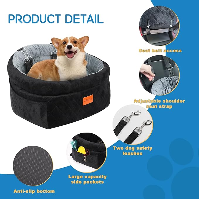 Cozy Dog Car Seat for Small Dogs Up to 30lbs, Elevated Memory Foam Booster Seat, Pet Travel Bed with Washable Removable Cover & Storage Pockets(Black&Gray)