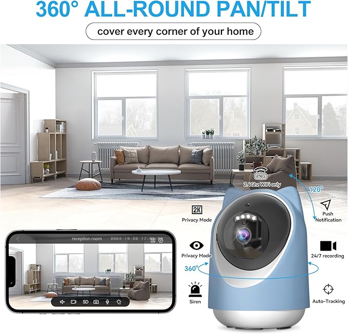 Security Camera Indoor,Wi-Fi &Two-Way Audio,Indoor Camera for Home,Baby/Dog/Cat/Pet Camera with Phone app,Night Vision,Motion Tracking, Compatible with Alexa (Blue)