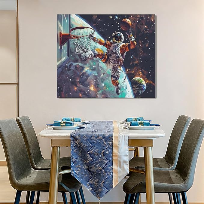 Quorin Astronaut Wall Art Funny Spaceman Basketball Pictures Space Galaxy Planet Wall Decor Canvas Print Painting Artwork for Bathroom Living Room Bedroom 20"x24"