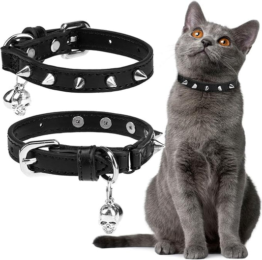 EXPAWLORER Leather Cat Collar for Girl Boy- Adjustable Pet Collar with Safety Elastic Belt,Personalized Punk Accessories Buckle Collars with Bell & Durable D-Ring,Pure Rivets(Black)