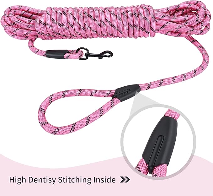 Long Dog Leash for Training 15Ft-Reflective Nylon Rope with Swivel Hook-Recall Agility Lead for Large Small Medium Dogs Outside Walking Hiking-Pink