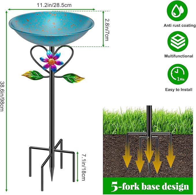 Vintage Metal Bird Bath for Outside, Standing Bird Feerder with Sunflower Love Decoration, Detachable Birdbaths Bowl for Outdoor Yard Lawn Garden Decor (A-Bule)