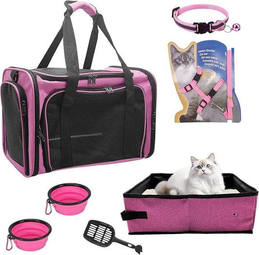 Large Cat Carrier with Litter Box for Traveling & Camping, Soft-Sided Pet Carrier Fit Pets Up to 20lbs,17.7' * 11.8 * 11.8 inches Cat Travel Carrier - Pink