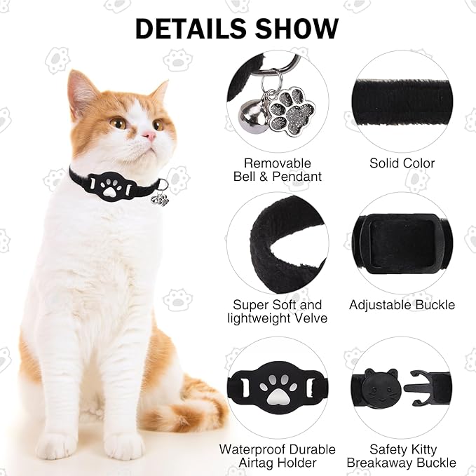 AirTag Cat Collar with Bells, Soft Velvet Cat Collar Breakaway with Airtag Holder, Safety Cat GPS Tracker Collars for Girl Boy Cats, Kittens and Puppies, Adjustable 8"-12"