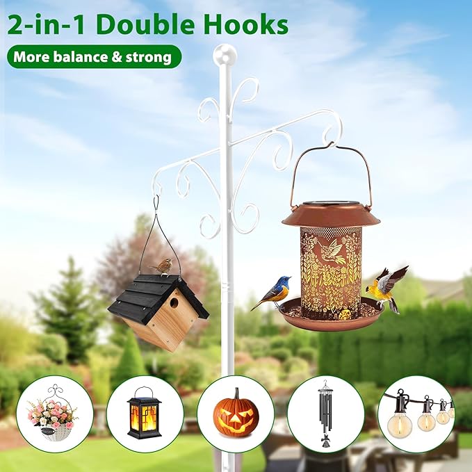 Bird Feeder Pole for Outdoors Heavy Duty Squirrel Proof, 2 Pack 108 Inch Adjustable Tall Shepherds Hooks for Outdoor with 5 Prongs Base, Double Shepherd Hooks (2 Pack White, 108 Inch)